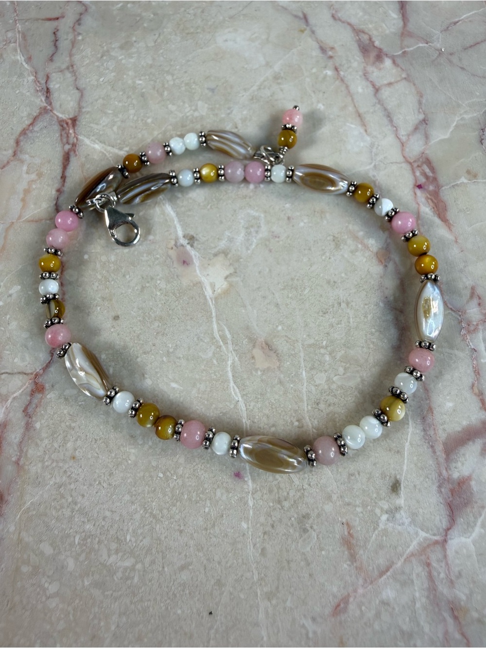 925 Silver, Pink, White & Mustard Natural Stones Beaded Bracelet